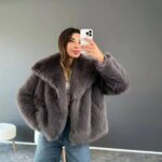 کاپشن زنانه خز خط دار برند Sinemkivanc رنگ خاکستری