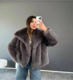 کاپشن زنانه خز خط دار برند Sinemkivanc رنگ خاکستری